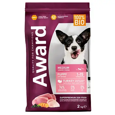 Award сухой корм для щенков средних пород с индейкой и курицей с добавлением моркови и черной смородины